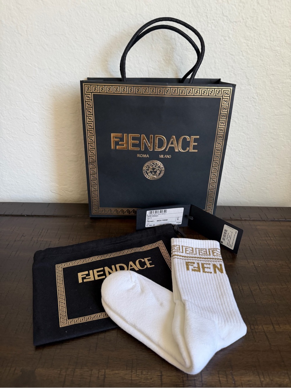 FENDI White & Gold Logo Crew Socks